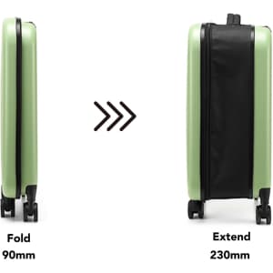 A collapsible suitcase in green, featuring a sleek design with wheels, shown in both folded and extended positions.