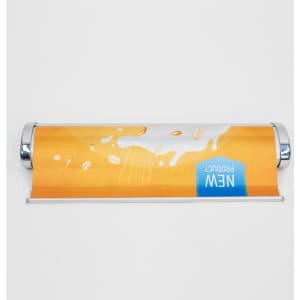 A4 counter top pull-up banner featuring a vibrant orange design with a glossy finish and a chrome base.