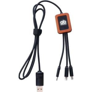 A square-shaped charging cable with a textured wooden connector and three outlets, featuring black braided cords.