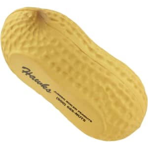 A yellow peanut-shaped stress reliever with a textured surface, featuring a logo on one side.