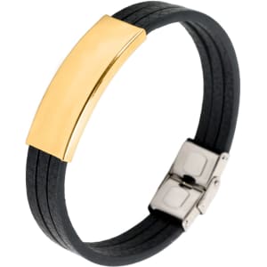 A multi-layer leather bracelet featuring black leather bands and a shiny gold-tone metal clasp.