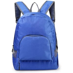 A blue backpack with a mesh texture, featuring two shoulder straps and a front pocket. It has a logo on it.