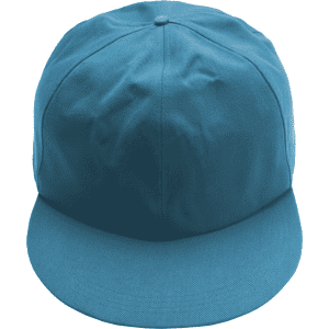 A giant baseball cap in a vibrant blue colour with a flat brim and structured crown, featuring a logo.