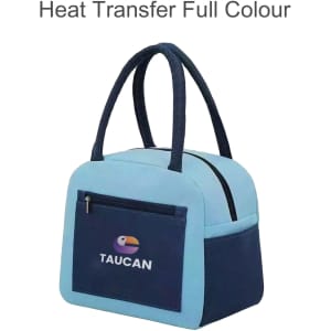 A light blue and navy insulated lunch bag with a front pocket and two handles, featuring a logo.
