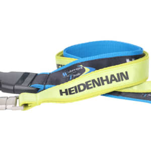 A poly satin lanyard in green and blue, featuring a clip and a branded logo.