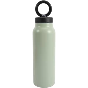 A drink bottle in light green with a black lid and ring for easy carrying. Features a logo on the side.