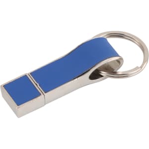 A blue flash drive with a metallic finish and keyring attachment.