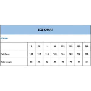 A size chart detailing measurements for a product, including full chest and total length dimensions in various sizes.