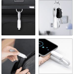 A 60W 3-In-1 ABS charging cable in white, shown with keys, attached to a bag, and connecting to a phone.