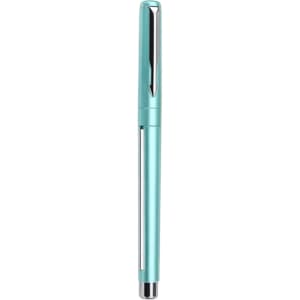 A teal pen with a silver clip and cap, featuring a sleek design and shiny finish.