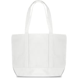 A white canvas zippered tote shoulder bag with two sturdy handles and a spacious interior, featuring a logo.
