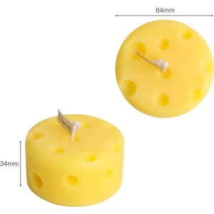Round cheese shape candle in vibrant yellow, featuring holes on the surface, measuring 64mm in diameter and 34mm in height.