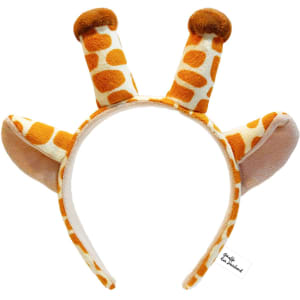A giraffe-themed ear hairband in orange and white, featuring giraffe ears and horns. It has a small logo tag.