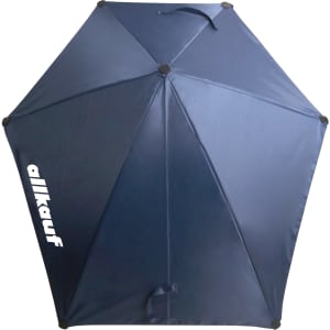 A navy umbrella with a universal clamp and a logo, featuring a hexagonal shape and multiple ribs.