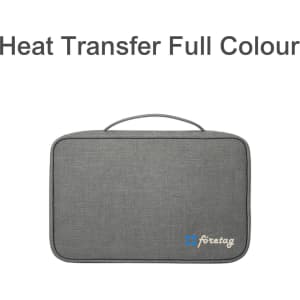 A grey portable hanging travel toiletry bag with a handle and a logo in the bottom corner.