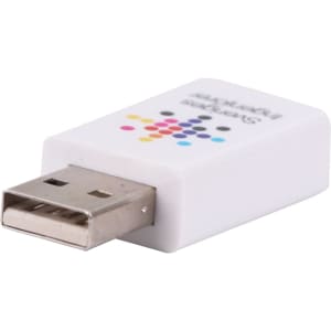 A white USB data blocker with a USB connector and a multi-coloured logo.