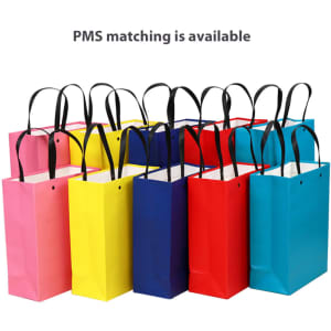 A collection of colourful gift bags in pink, yellow, blue, red, and navy, featuring black handles and a logo.