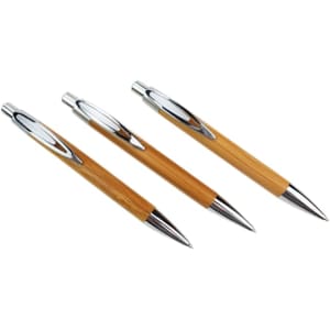 Three eco-friendly bamboo click pens with silver accents, featuring a sleek and natural design.