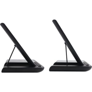 A black 3-in-1 portable wireless charger, featuring a sleek design with adjustable stands on each side.
