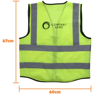 A bright yellow unisex hi-vis vest featuring reflective tape and functional pockets, with a logo on the front.