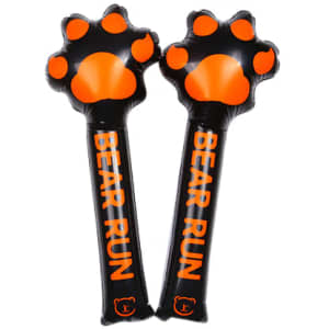 Two inflatable bang bang sticks in black and orange with paw print designs and branding.