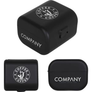 A black travel adapter kit with a rounded design, featuring logos on the front. Includes multiple plug options.