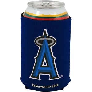 A drink can with a blue stubby holder featuring a logo on the front.