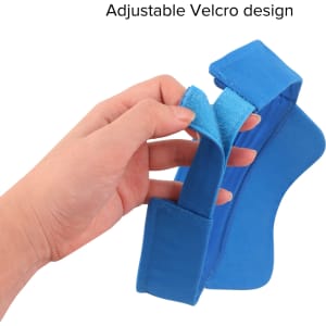 A blue sport visor featuring an adjustable Velcro design, held in a hand, with a logo on it.