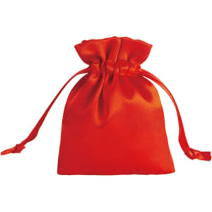 A red silk satin drawstring bag with tied closures at the top, featuring a smooth, shiny texture.