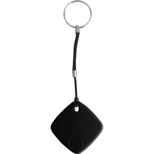 A black smart tag with a diamond shape and a metal keyring attachment. Features a short tether for convenience.