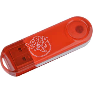 A transparent red swivel flash drive featuring a circular button and a logo design.