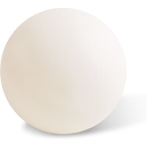 A white table tennis ball with a smooth surface, featuring a logo.