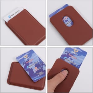 A brown PU magnetic phone card holder with an opening for easy card access and a card inserted.