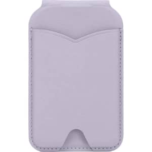 A light purple PU magnetic card holder with a smooth finish and a slot for a mirror. It features a logo.
