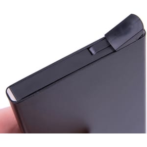 A sleek black metal RFID card holder featuring a minimalist design and a secure closure mechanism.