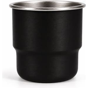 A black stainless steel camping mug with a round bottom and a metallic rim. It features a logo.