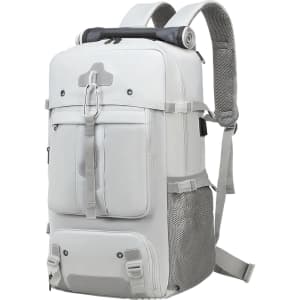 A convertible backpack in grey with dual straps, featuring multiple pockets and a roll-top design.