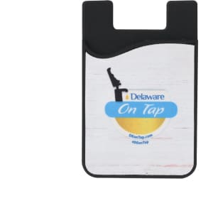 A black and white phone wallet with a curved design and a logo on the front.
