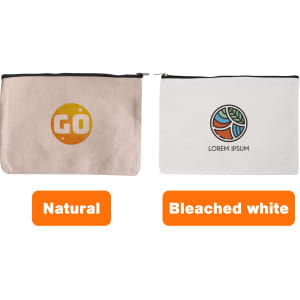 Rectangle canvas cosmetic bags in natural and bleached white, featuring logos on each side.