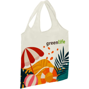 A foldable shopping bag in cream featuring a colourful beach design and a logo.