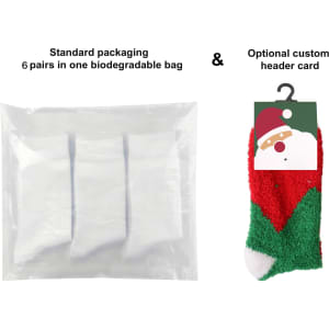 A transparent bag containing six pairs of coral fleece socks in red and green, with an optional custom header card.