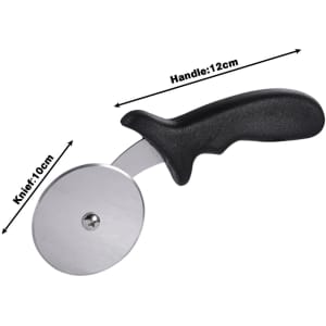 A pizza cutter with a stainless steel blade and a black ergonomic handle, measuring 10cm blade and 12cm handle.