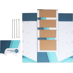 A self-assembly premium cardboard floor display in blue and white, featuring four shelves and a logo plate.