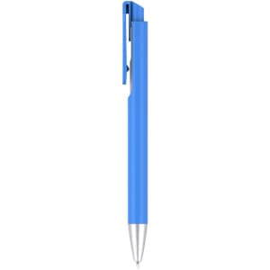 A blue plastic pen with a clip and a silver tip, featuring a branding logo.