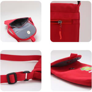 A small red canvas shoulder bag featuring a grey interior, adjustable strap, and a front zip pocket.