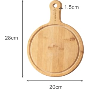 A bamboo wood pizza tray with a circular design, featuring a handle and measuring 28cm by 20cm.