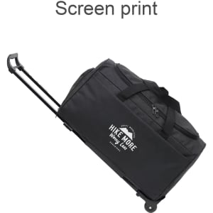 A black wheeled duffel bag with a retractable handle and a logo. Ideal for travel and outdoor activities.