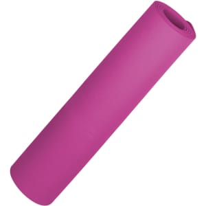 A rolled, bright pink yoga mat with a smooth surface and a logo. Ideal for outdoor leisure activities.