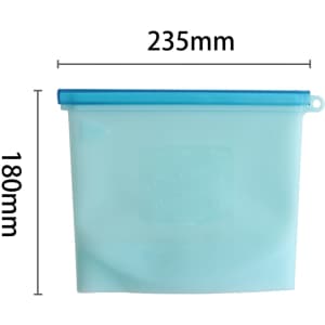 A silicone reusable storage pouch in a light blue colour, measuring 235mm by 180mm. Features a sealing strip and branding.