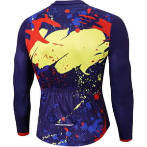 A long sleeve cycling jersey featuring a vibrant abstract design in purple, yellow, and red with a logo.